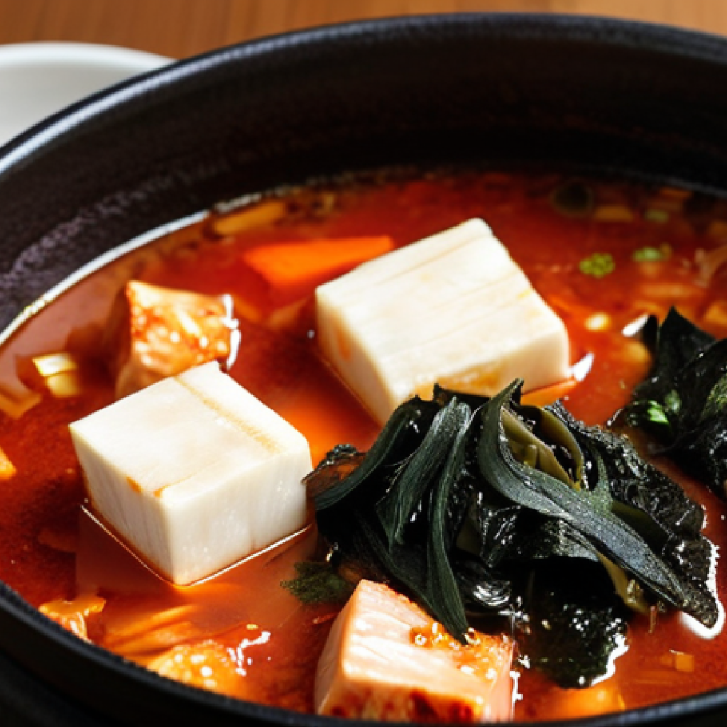 A steaming pot of Kimchi stew (Kimchi-jjigae) with pork belly, tofu, and green onions, garnished with 김가루 (seaweed flakes). Focus on the rich, red broth and appetizing presentation.