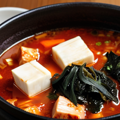 Home 4 A steaming pot of Kimchi stew (Kimchi-jjigae) with pork belly, tofu, and green onions, garnished with 김가루 (seaweed flakes). Focus on the rich, red broth and appetizing presentation.