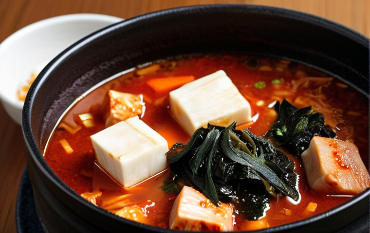 A steaming pot of Kimchi stew (Kimchi-jjigae) with pork belly, tofu, and green onions, garnished with 김가루 (seaweed flakes). Focus on the rich, red broth and appetizing presentation.